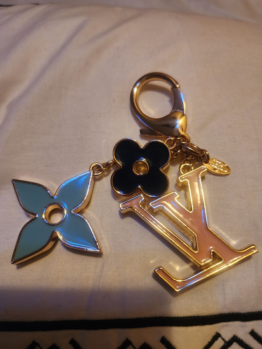 Louis Vuitton Gold-Tone Logo Keychain with Blue and Black Enamel Charms